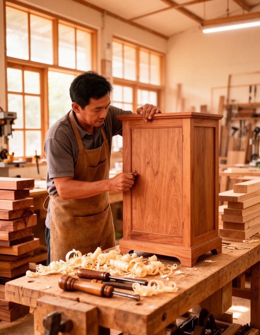 Carpenter fitting a bespoke timber cabinet in a bright Petaling Jaya workshop