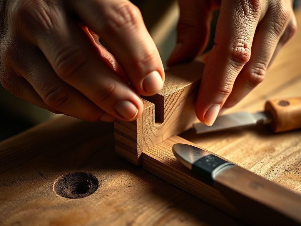 Close-up of a dovetail joint being fitted by hand